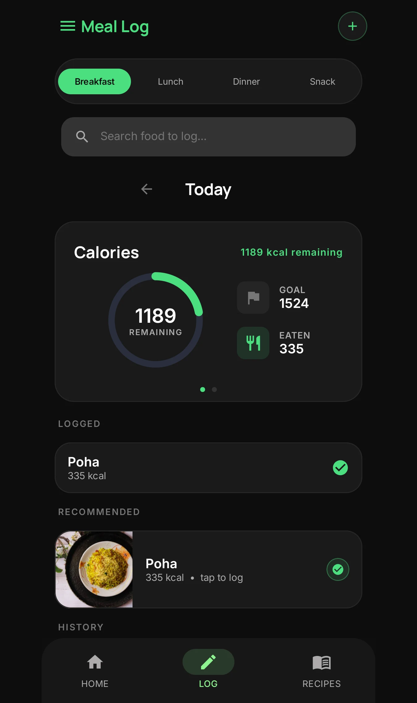AajKya food diary with daily nutrition progress and logged meals