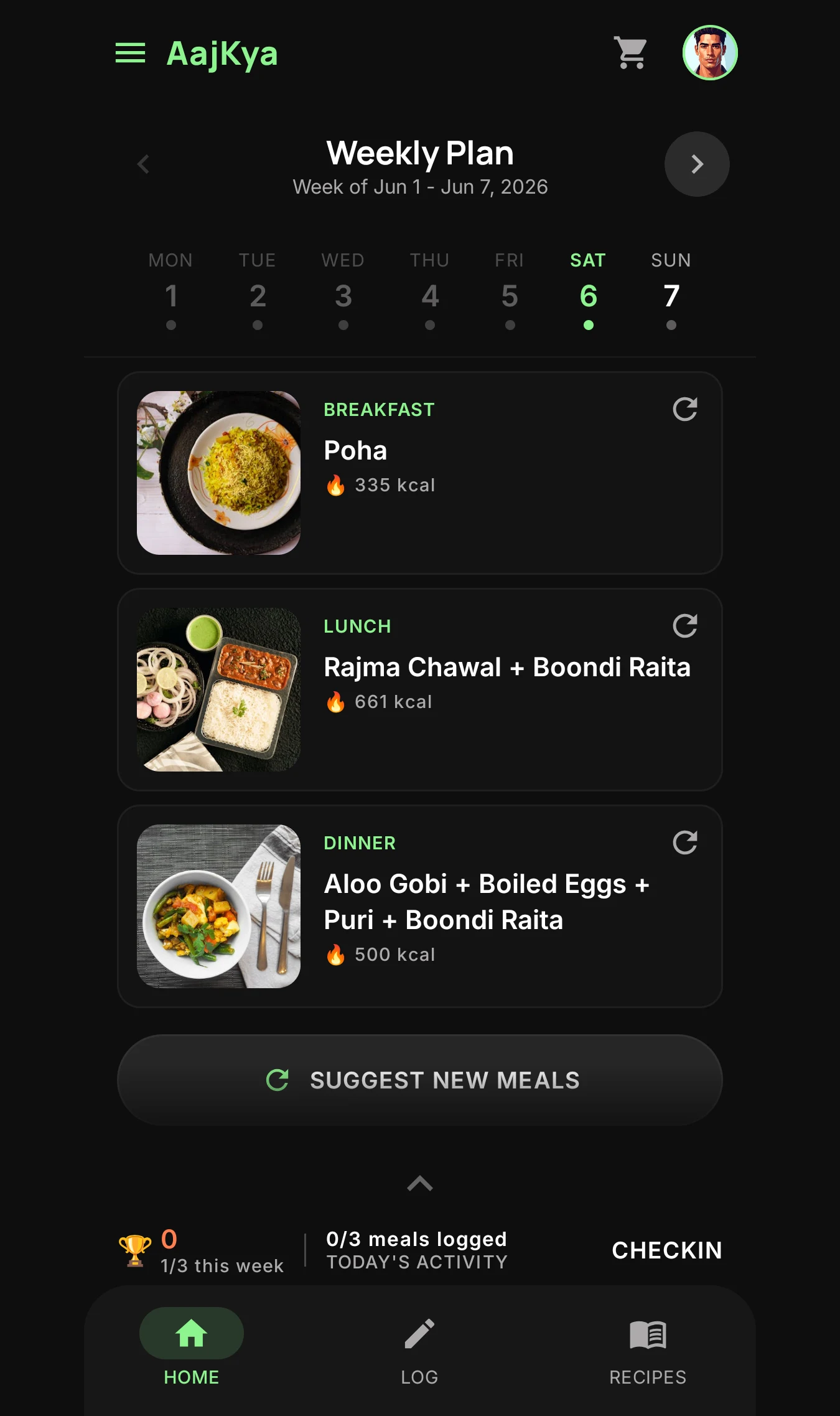 AajKya weekly meal planner showing breakfast, lunch, and dinner